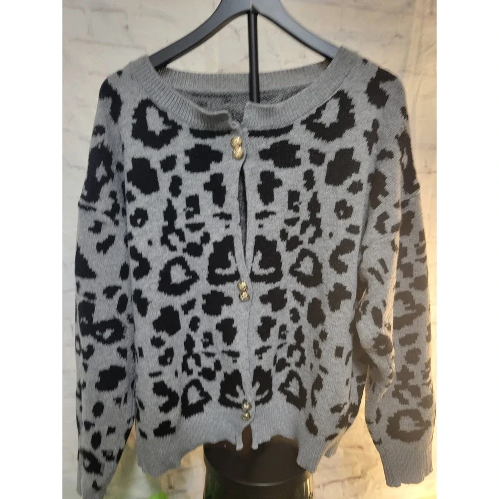 Grey Leopard Print Cardigan Sweater Gold Buttons Animal Print Knit 4XL